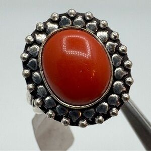 Red Jasper Cabochon Statement Ring Silver Tone Beaded Halo Size 9.5 NEW